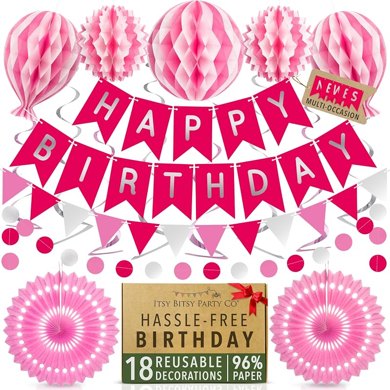 Itsy Bitsy Party Co Premium Reusable Pink Birthday Decoration Set