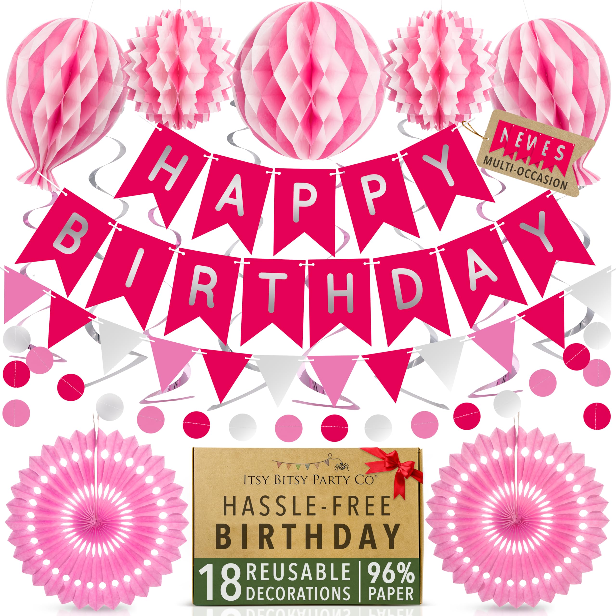 Premium Reusable Birthday Decoration Set - Honeycomb Paper Party Decorations, Happy Birthday Banner, Bunting, Streamers - Decor for Girls & Women by Itsy Bitsy Party Co (Pink)