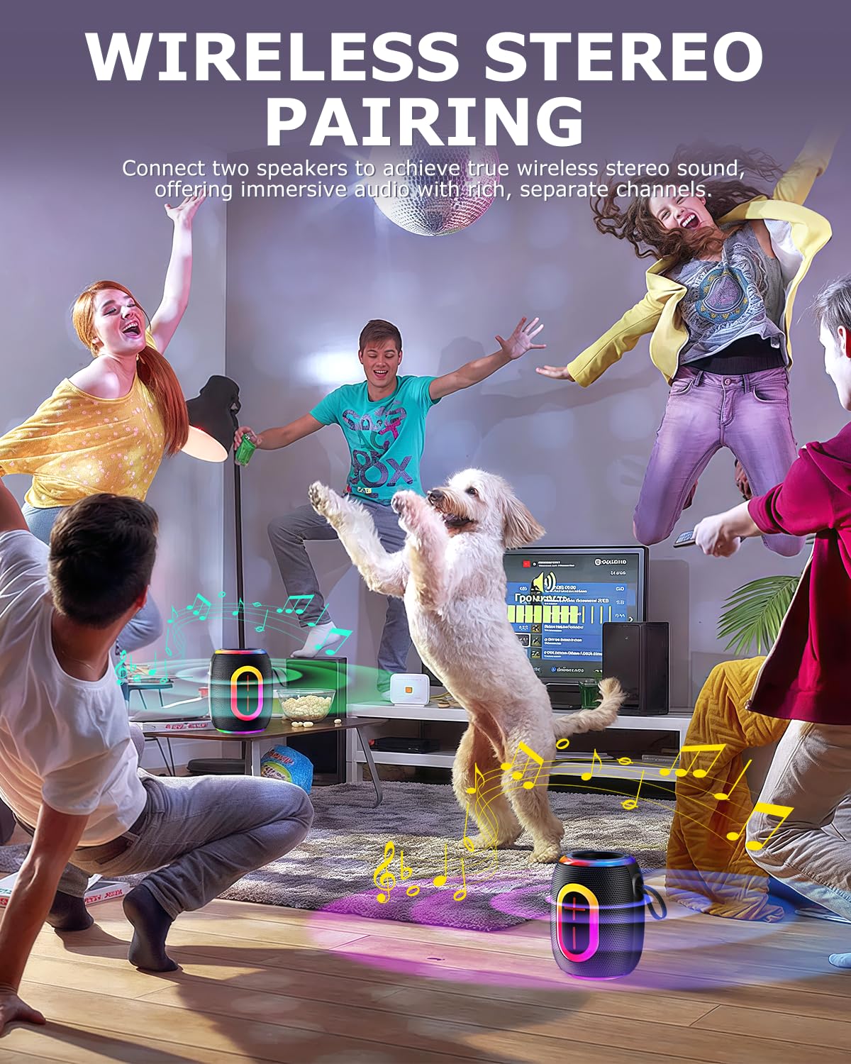 Foseener Portable Bluetooth Speaker with Stereo Sound, IPX5 Waterproof Wireless Speakers, 6 RGB LED Modes, Up to 20H Playtime, BT5.3, TWS Pairing, for Home/Bathroom/Party/Outdoor/Beach, Gift Ideals - Image 7