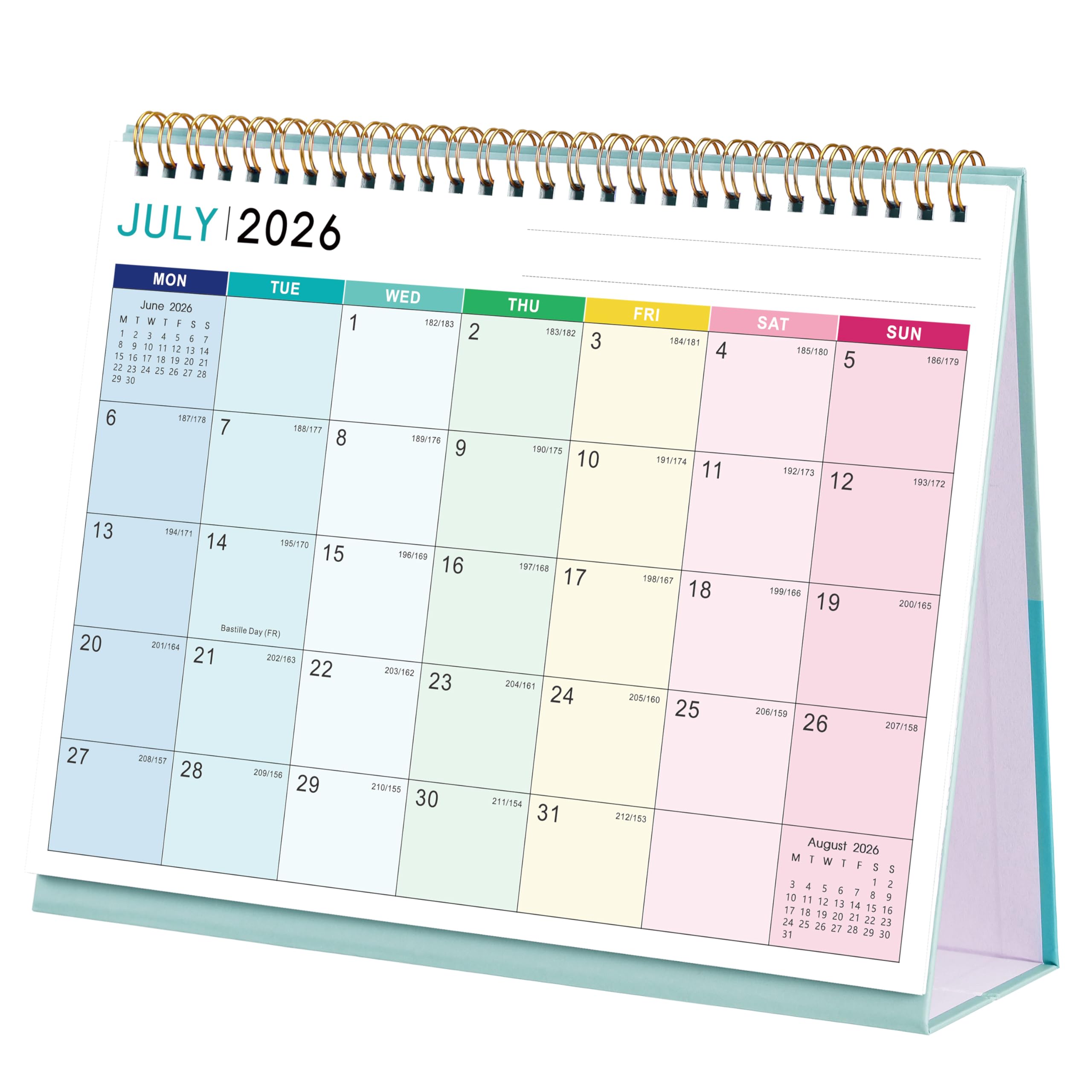 Desk Calendar 2026-2027 - Calendar 2026-2027, Runs from July. 2026 to Dec. 2027, 18 Month Desktop Calendar, Starts on Monday, 25.3 x 20.5 x 7.8 cm, Rainbow plaid