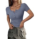 PRETTYGARDEN Women's 2026 Fall Summer Short Sleeve Tops Ribbed Henley Button Slim Fit Basic Casual T Shirts Blouse Clothing