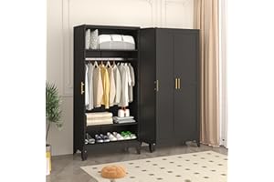 pozdeg Metal Armoire Wardrobe Closet, 71" Tall Clothing Storage Cabinet with Hanging Rods, Household Closet Organizers with Adjustable Shelves for Home Office or Gym (Black)