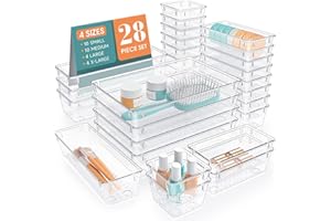 StorMiracle 28 PCS Clear Plastic Drawer Organizers Set, 4 Size Desk Drawer Organizer Trays for Makeup, Jewelry, Kitchen Utensils, Gadgets and Office Accessories
