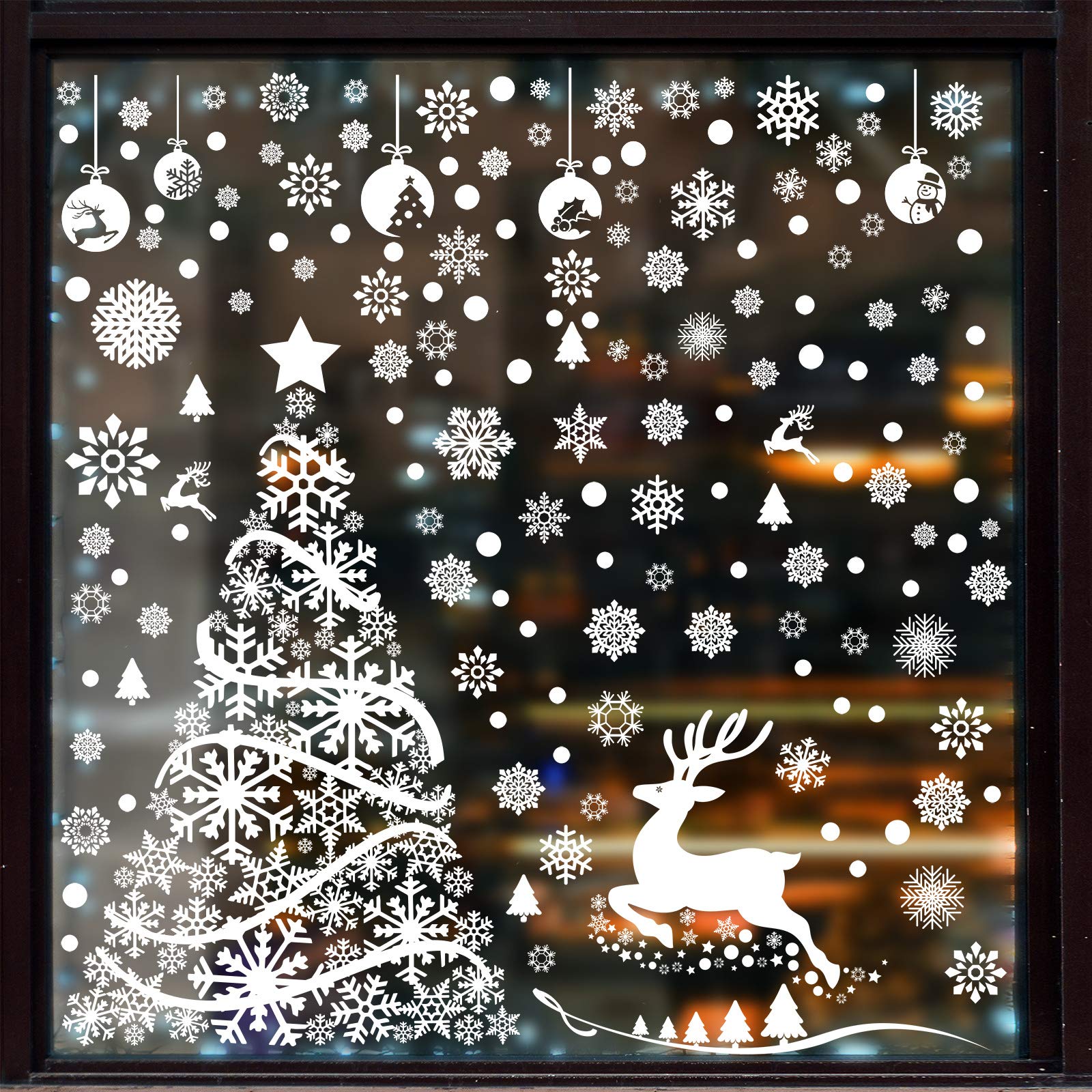 ANECO 270 Pieces Large Christmas Tree Window Clings White Reindeer Snowflake Xmas Window Decorations Stickers Reusable Christmas Window Door Decals for Christmas Window Display