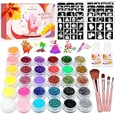 Temporary Glitter Tattoo Kids, Eleanore's Diary Arts Glitter Make Up Kit | 31 Glitter Colors, 165 Unique Stencils, 2 Glue, 4 Brushes - Gifts for Girls Boys Adults Birthday Party Summer Festival