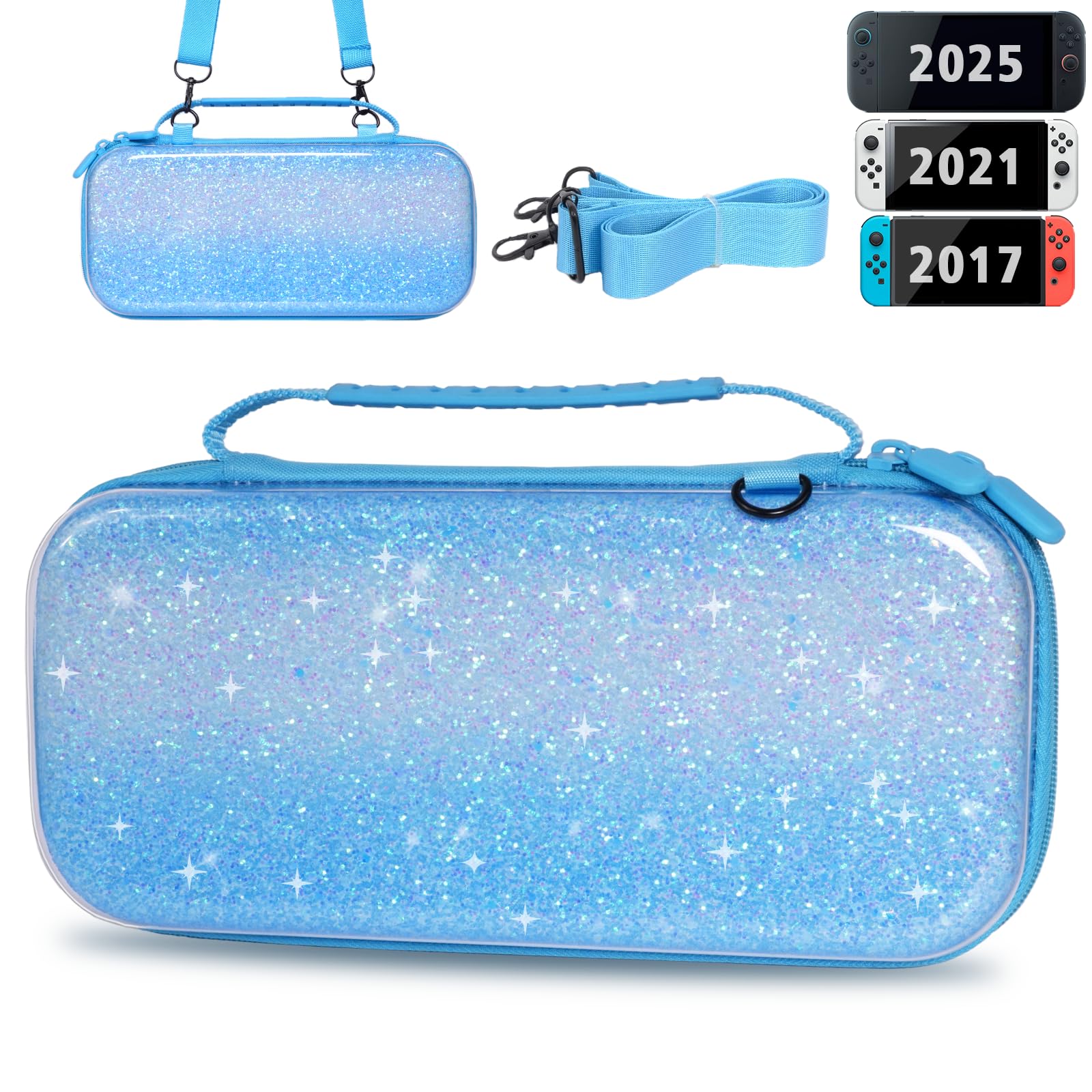 TIKOdirect Carrying Case for Switch 2(2025)/ Switch/ OLED, Glitter Shockproof Protective Portable Travel Bag with 12 Game Card Slots and Adjustable Shoulder Strap, Blue