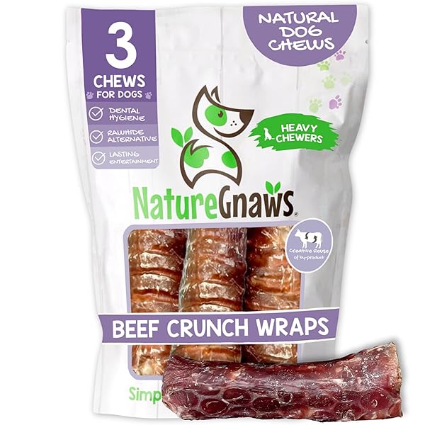 NATURE GNAWS BEEF TRACHEA CRUNCH WRAPS FOR DOGS (3 COUNT) – LONG LASTING NATURAL BEEF JERKY DOG CHEW BONES – RAWHIDE FREE