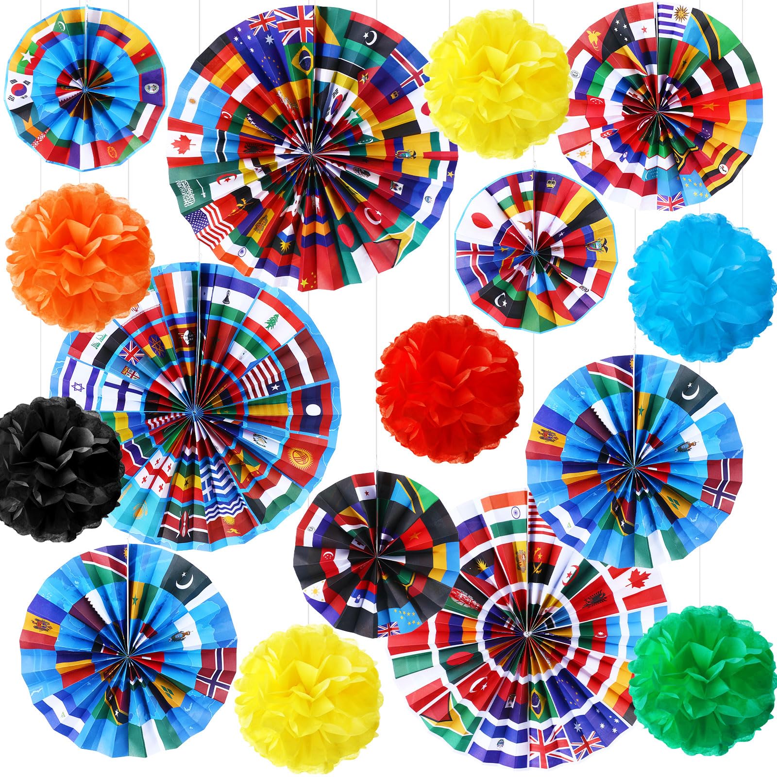 Photo 1 of Outus 21 Pcs International World Flags Classroom Decorations Around The World Hanging Paper Fans Sport Party Tissue Paper Pom Poms for Garland Ceilings School Office Party Supplies (Flag Style)