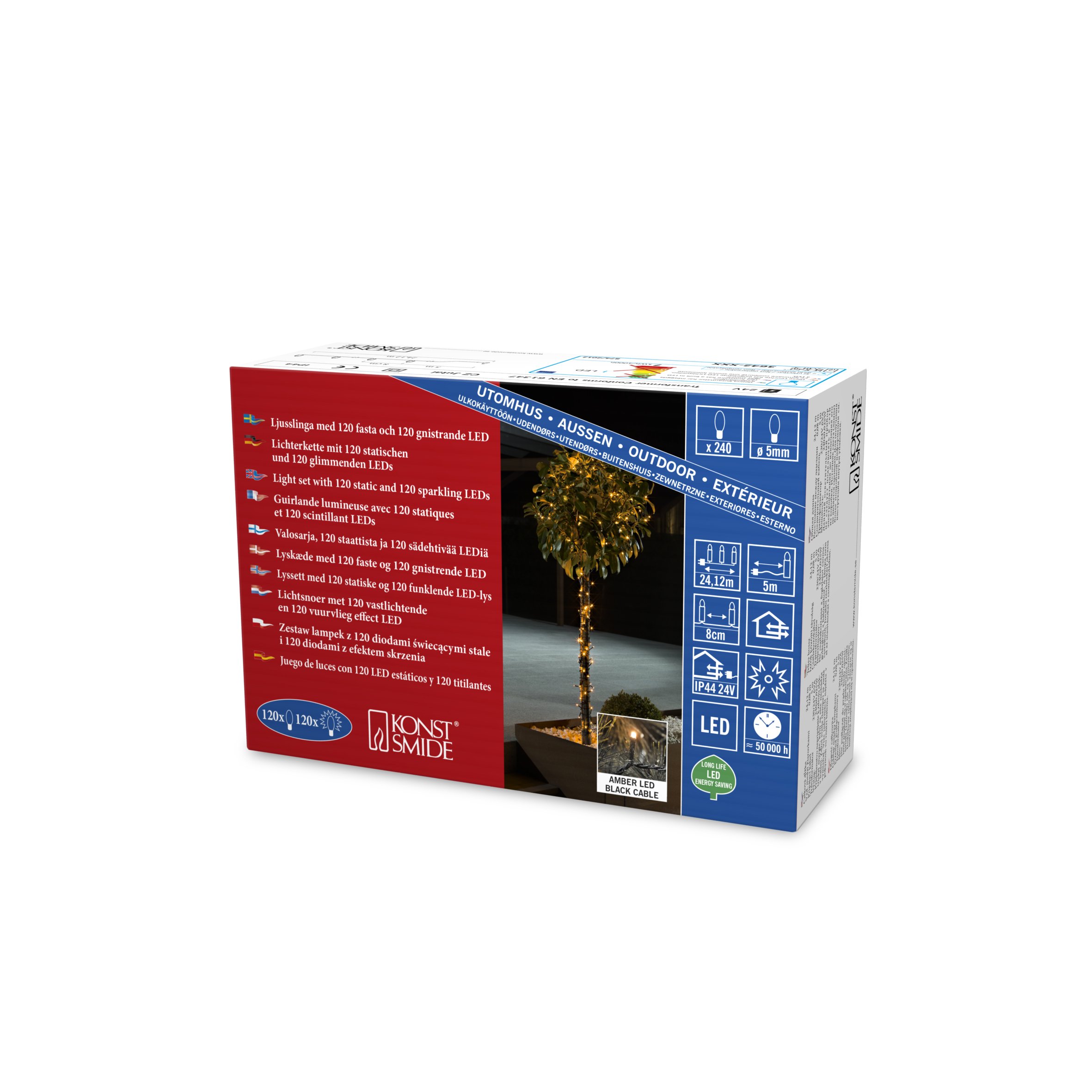 Konstsmide Micro LED Christmas Tree Lights with FireFly Effect / Outdoor or Indoor (IP20) / 24V Transformer / 240 Amber Diodes (120 Twinkling) / Black Cable String Lights