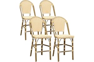 PURPLE LEAF French Counter Height Bar Stool Set of 4 25" Bamboo Print Finish Patio Bar Chairs with Back Rattan Bar Chairs French Bistro Set for Kitchen Outdoor Counter Stool Cream Yellow