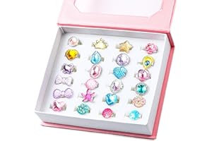 WATINC 24Pcs Adjustable Princess Pretend Jewelry Rings, Girl’s Jewelry Dress Up Play Toys, Rhinestone Gift Set in Box for Little Girls, No Duplication Diamond Ring for Children, Party Favors for Kids