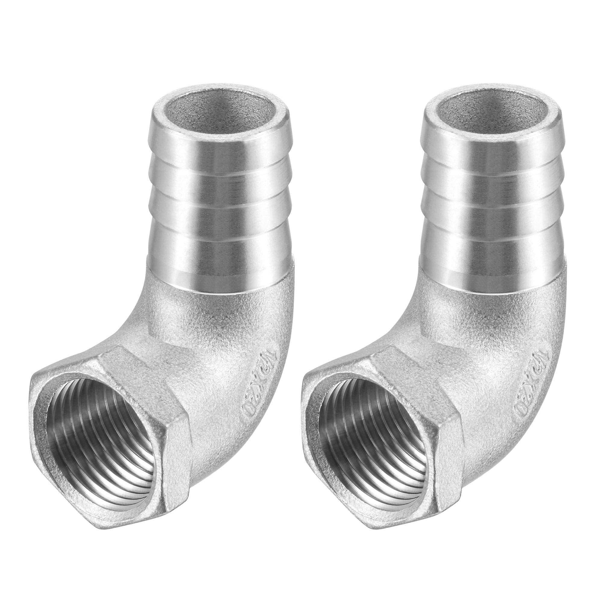 sourcing map 304 Stainless Steel Hose Barb Fitting Elbow, 20mm Barbed x 1/2" NPT Female Pipe Connector Adapter for Water Fuel Air, Pack of 2