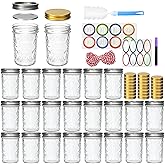 Datttcc 8oz Mason Jars, Canning Jars,Jam Jars forJelly,Honey, Wedding Favors, Food Storage,Kitchen & DIY Gifts, with Lables,Sponge Brush,Pen and Red Hemo Rope,Set of 24