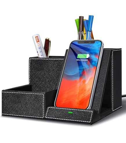 Wireless Charger With Desk Organizer, Wireless Charging Station For IPhone 14/14 Pro/13/12/11/Samsung Galaxy S23/S22/S21/S20/Note 20/Note 10, Charging Stand With Leather, White