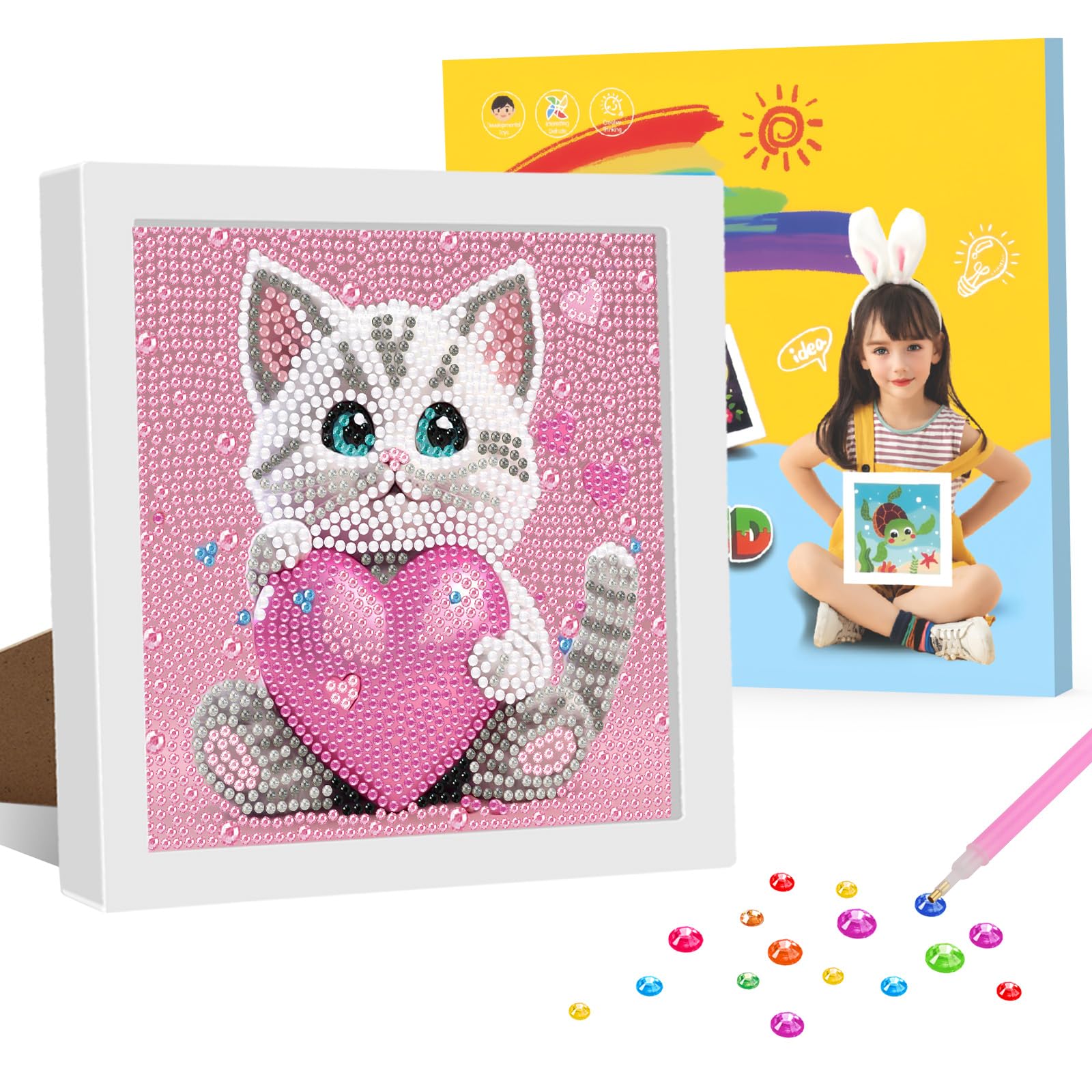 GHHKUD Diamond Painting with Frame for Children, Cat Diamond Painting Set, Pictures with Gift Box, for 8-12 Years, Art Craft for Home Decor - 18 x 18 cm