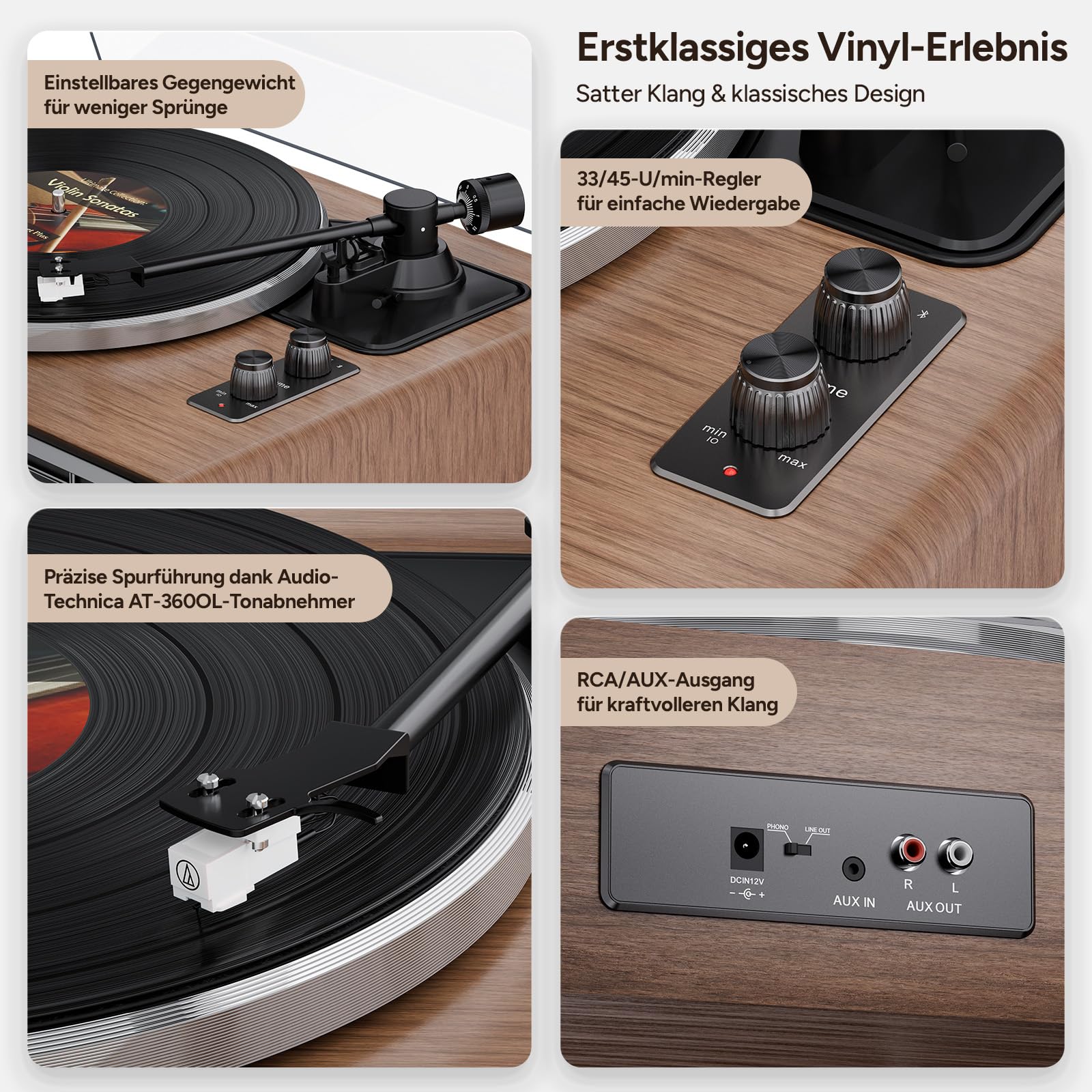 Schallplattenspieler mit Integrierten Lautsprecher, Plattenspieler Bluetooth HiFi mit Zwei Geschwindigkeiten, Phono-Vorverstärker 33/45 U/min und AT-3600L Tonabnehmer (Nussbaum) 9