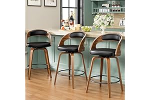 YaFiti Bar Stools Set of 3, 26" Counter Height Barstools with Bentwood Legs, Swivel Counter Stools with Back, Mid Century Modern Faux Leather Upholstered Bar Chairs for Kitchen Island, Black