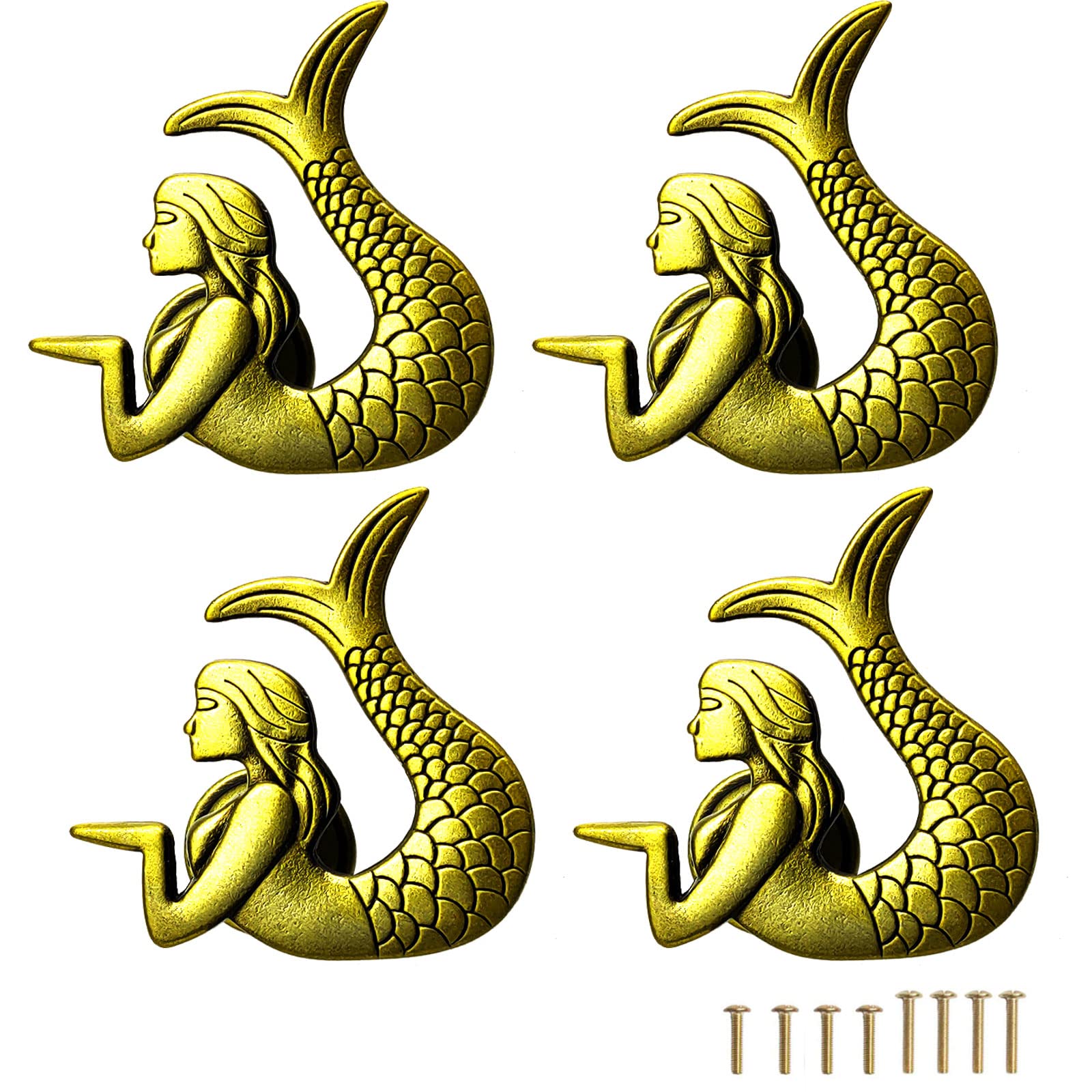 Powerful 4 Pcs Mermaid Drawer Knobs, Vintage Cabinet Knobs Drawer Handles with 8 Pcs Screw, for Dresser, Cabinet, Wardrobe, Cupboard, Bathroom, Office (1.6"×2.4")