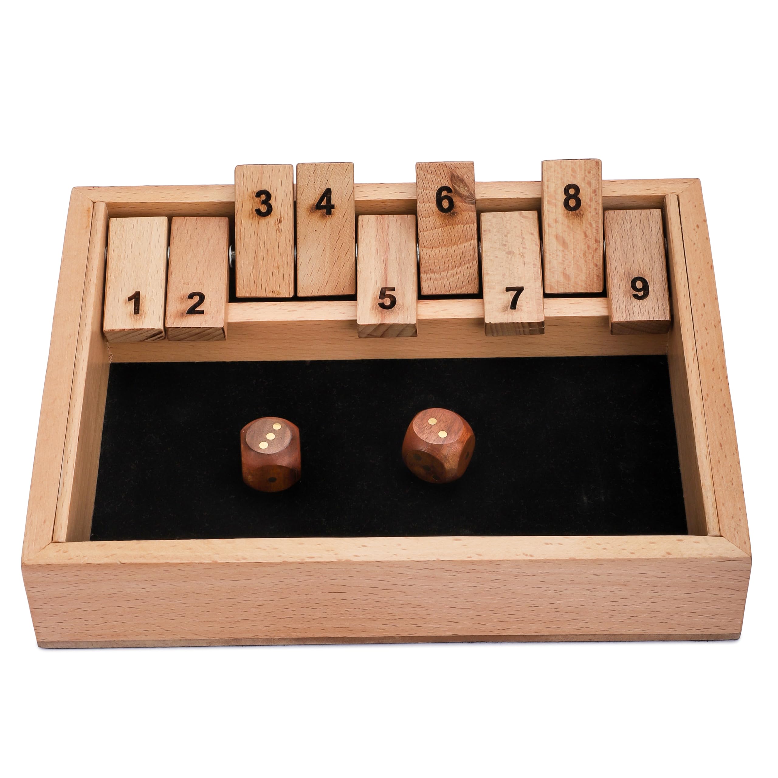 Ajuny Shut The Box Game (1-2 Players) – Wooden Dice Math Game with 9 Flip Tiles | 9.6 Inch Educational Board Game for Kids & Adults | Fun Family Tabletop Travel Game