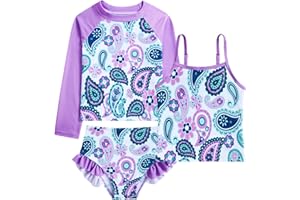 Funnycokid Girls Swimsuit 3 Pieces Long Sleeve Rash Guard Set Tankini Bathing Suits Summer Kids Swimwear 3-10 Years