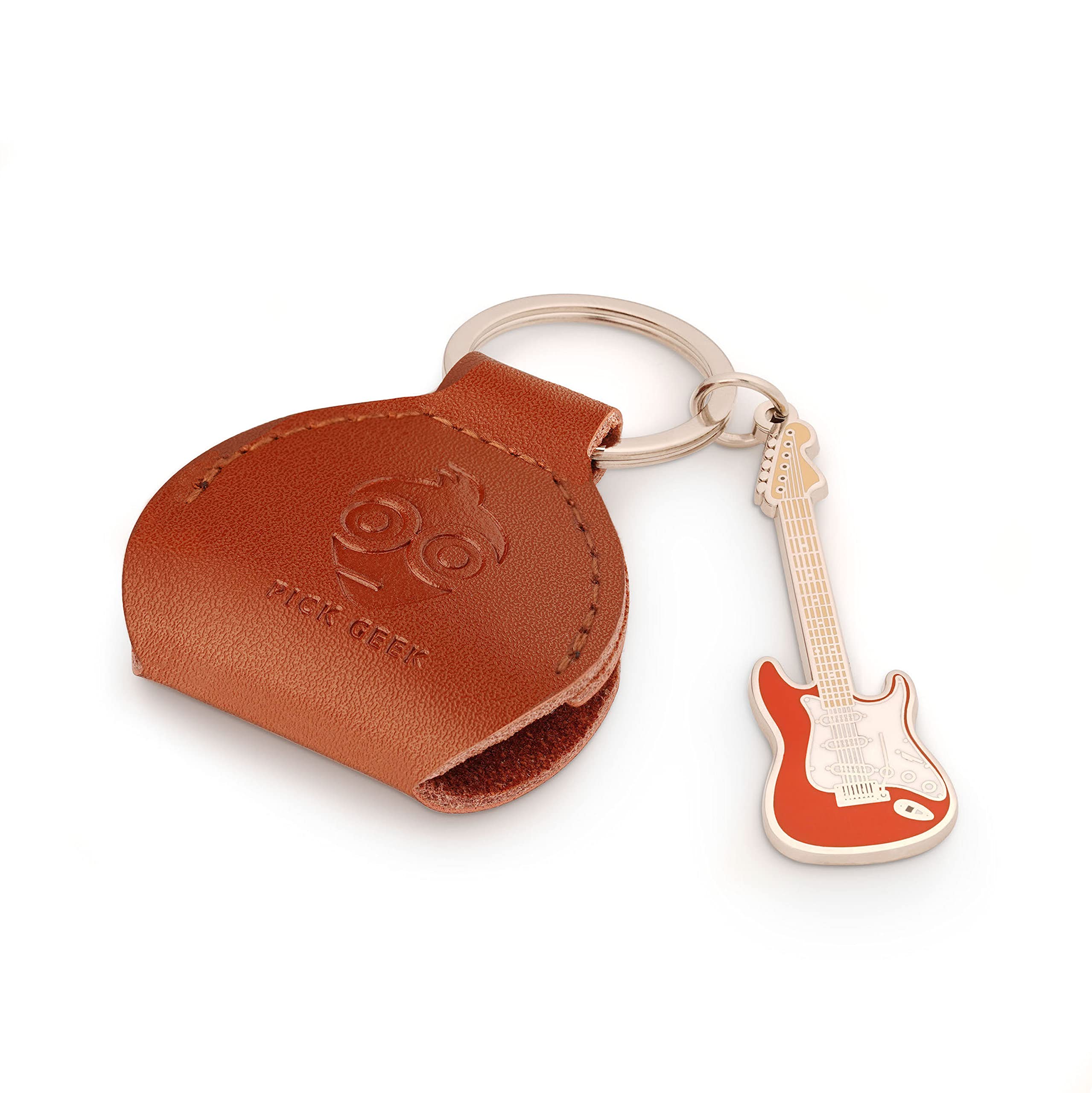 Pick Geek Dark Brown Leather Pick Holder with Miniature Stratocaster Keyring | 100% Handmade Real Leather | Includes 3 FREE Guitar picks | Made with Jewellers Metal