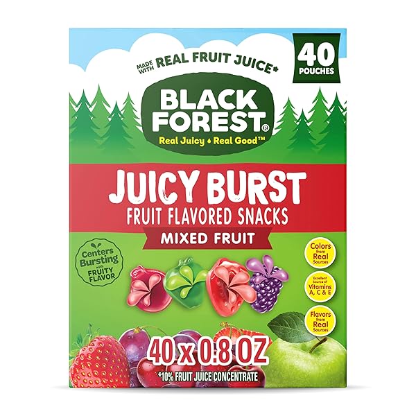 BLACK FOREST, JUICY BURST, FRUIT FLAVORED SNACKS, MIXED FRUIT FLAVORS, A JUICY BURST OF NATURAL FLAVORS, MADE WITH REAL FRUIT JUICE, 0.8 OZ 40 CT