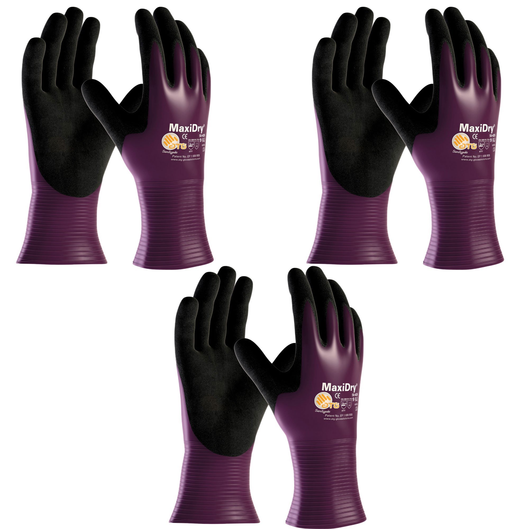 3 Pack MaxiDry ATG Ultra Lightweight Nitrile Grip Oil-Resistant Glove 56-426, Sizes S-XL (Small)