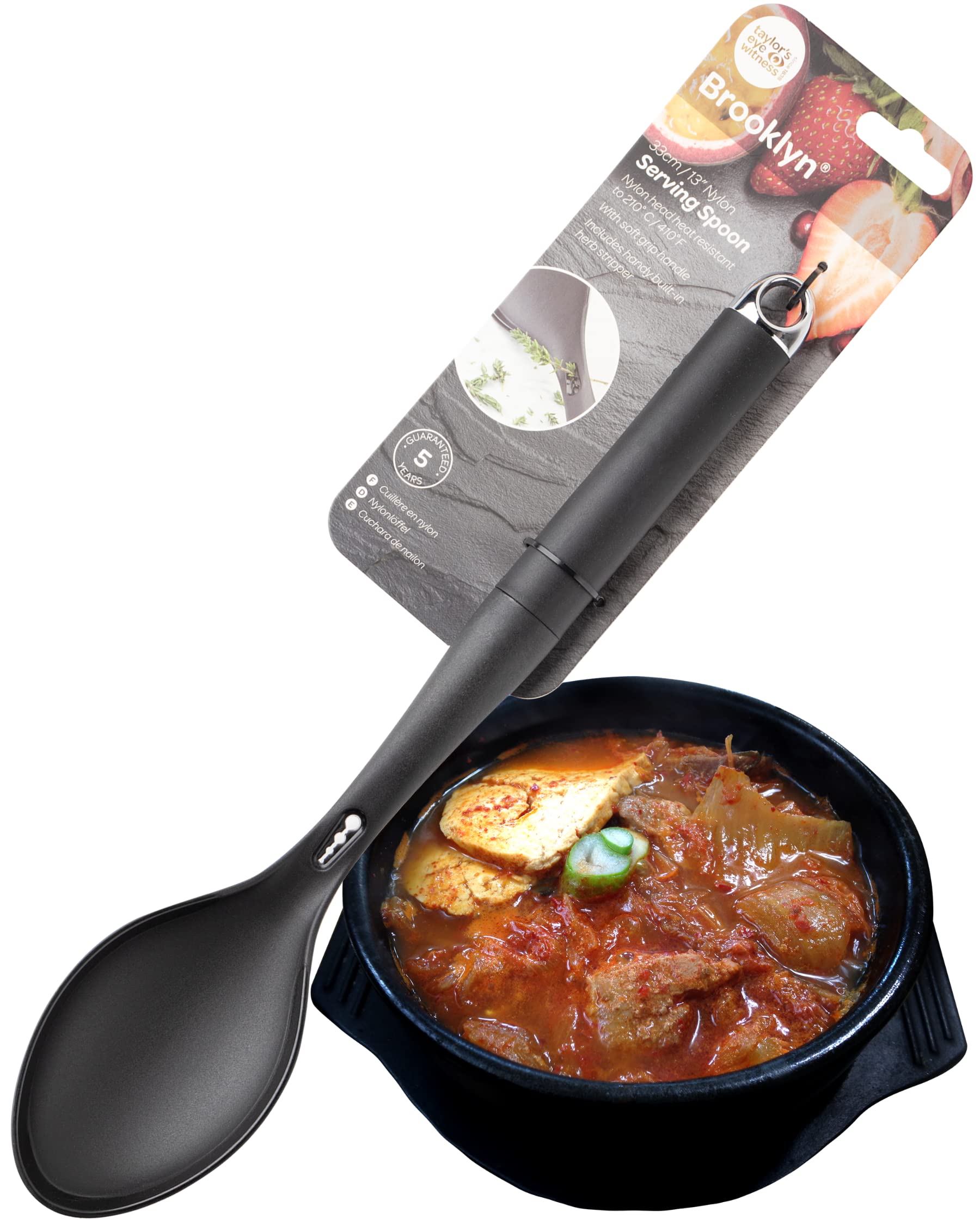 Nylon Head Serving Spoon Utensil - Anti-Scratch for Non-Stick Pans, Heat Resistant Head, Soft Grip Handle. Inbuilt Herb Stripper, Steel Hanging Hook. 2 in 1 Kitchen Tool. 5 Year Guarantee