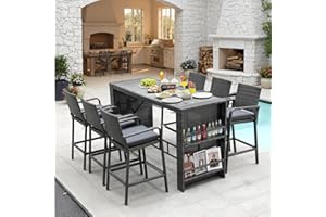 NICESOUL 7-Piece Outdoor Patio Bar Set, Wicker High Top Table with 6 Cushioned Chairs and Hidden Double Storage Shelves, Rattan Counter Bar Height Dining Set for Backyard, Garden, Poolside, Gray