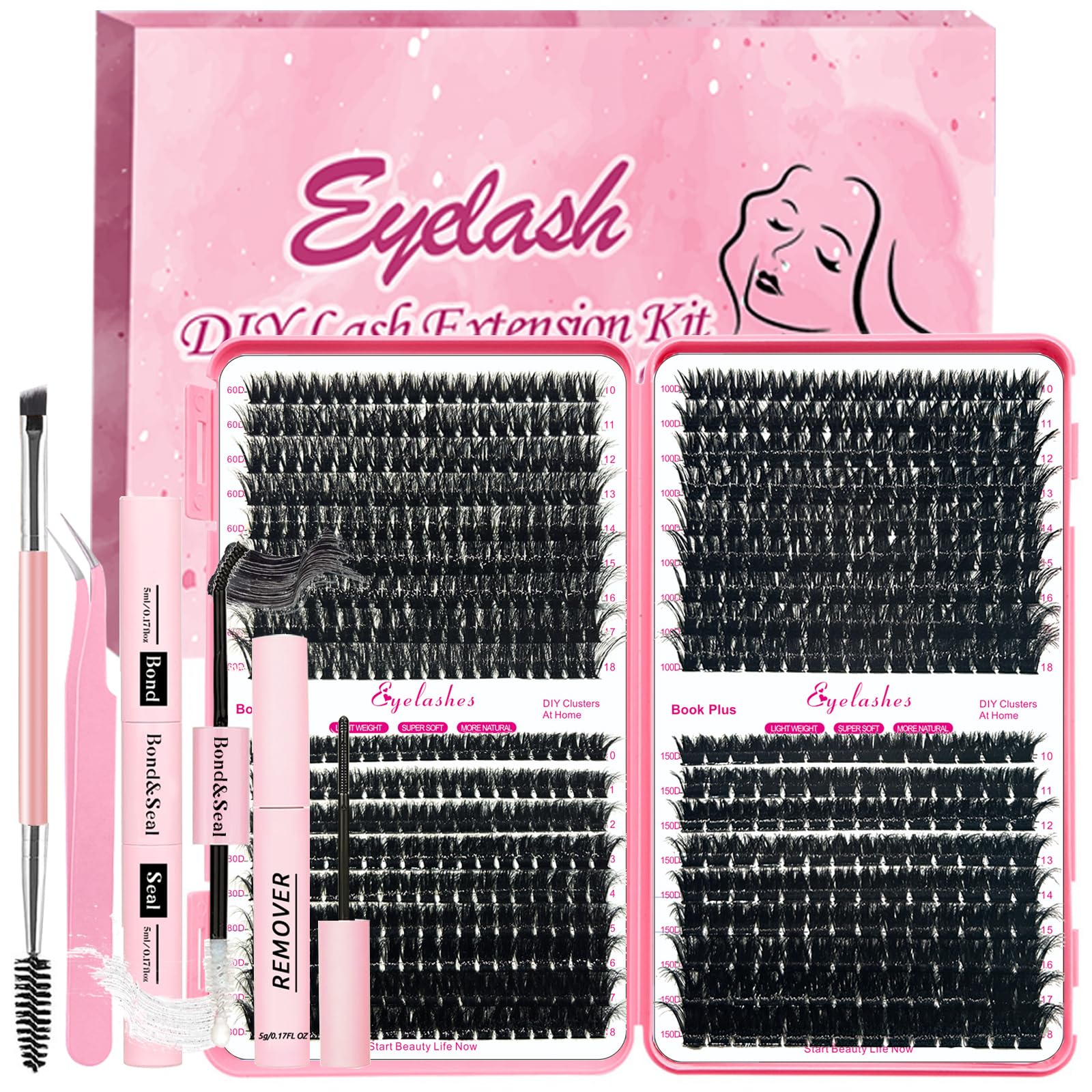 Qiveaory DIY Fluffy Lash Extension Kit 630pcs Lashes Clusters Thick D Curl Eyelash Extension Kit with Lash Bond and Seal,Eyelash Remover Tweezers Brush(10-18mm,60D+80D+100D+150D) DIY at Home — image 1