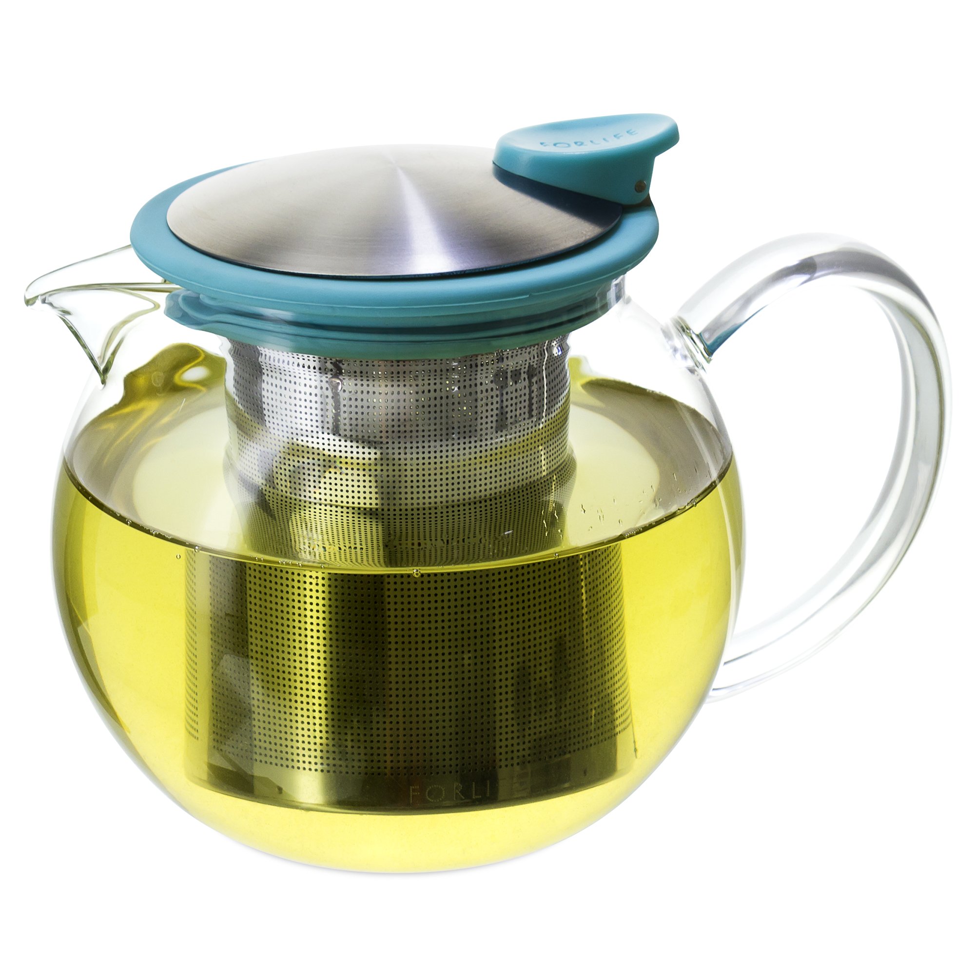 FORLIFE Bola Glass Teapot with Basket Infuser, 25oz./750ml., Turquoise