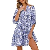 ZTMZA Women's Summer Beach Mini Dress Floral Boho Shift Dress Casual V Neck Puff Short Sleeve Flowy Button Down Dresses