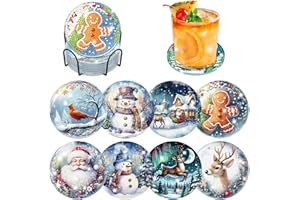 Bowetile 8PCS Christmas Diamond Art Coasters Kit with Holder, Snowman Diamond Painting Kits for Adults Beginners, Drinks Coas