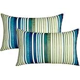 CASAJOY Pack of 2 12x20 Outdoor Pillows, Waterproof Throw Pillows with Inserts, Decorative Lumbar Pillows for Patio, Garden, Couch, Furniture, Sofa, Bed, Living Room(Stripe Blue Green)