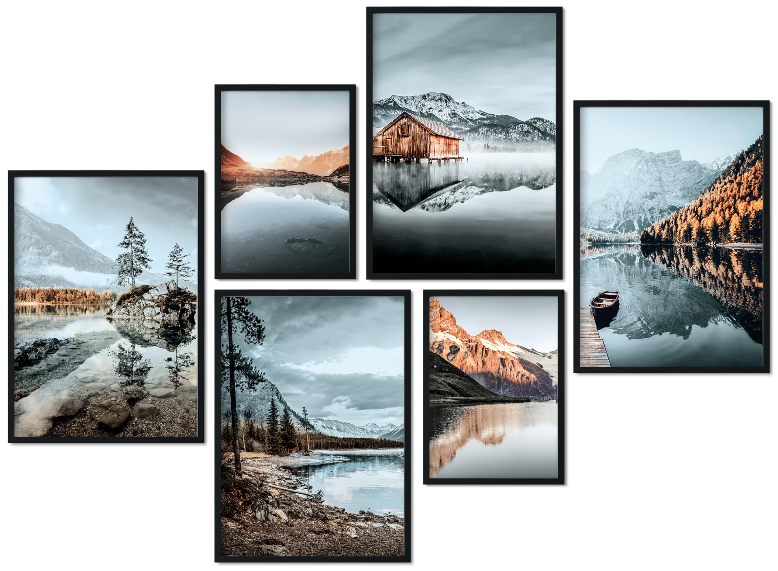 CreativeRobin Mountains & Lakes Premium Poster Set as Living Room Decoration 4 x A3 + 2 x A4 Wall Pictures Collage