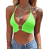 Mizoci Women's Sexy Summer Sleeveless Halter Deep V Neck Crop Top Tie Up Backless Cami