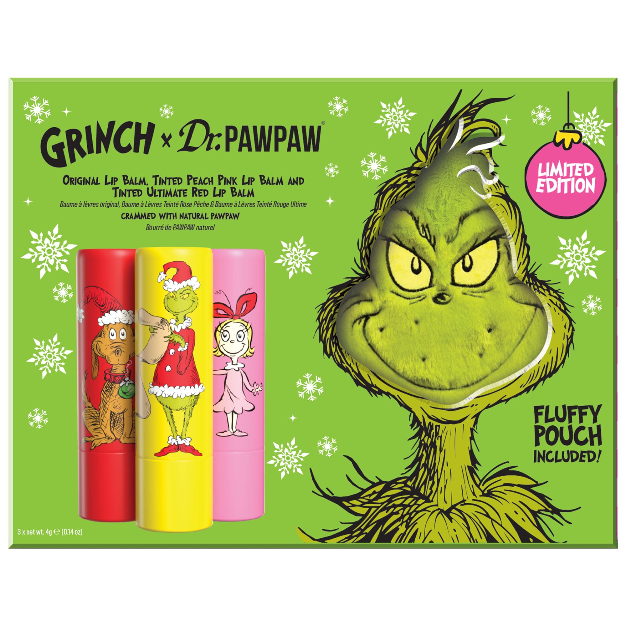 Photo 1 of **JUST THE POUCH**Dr. PawPaw The Grinch Set - Original, Ultimate Red, Peach Pink with Grinch Pouch - Hydrating Natural Lip Balm - Gluten Free Lip Moisturizer - 4 pc