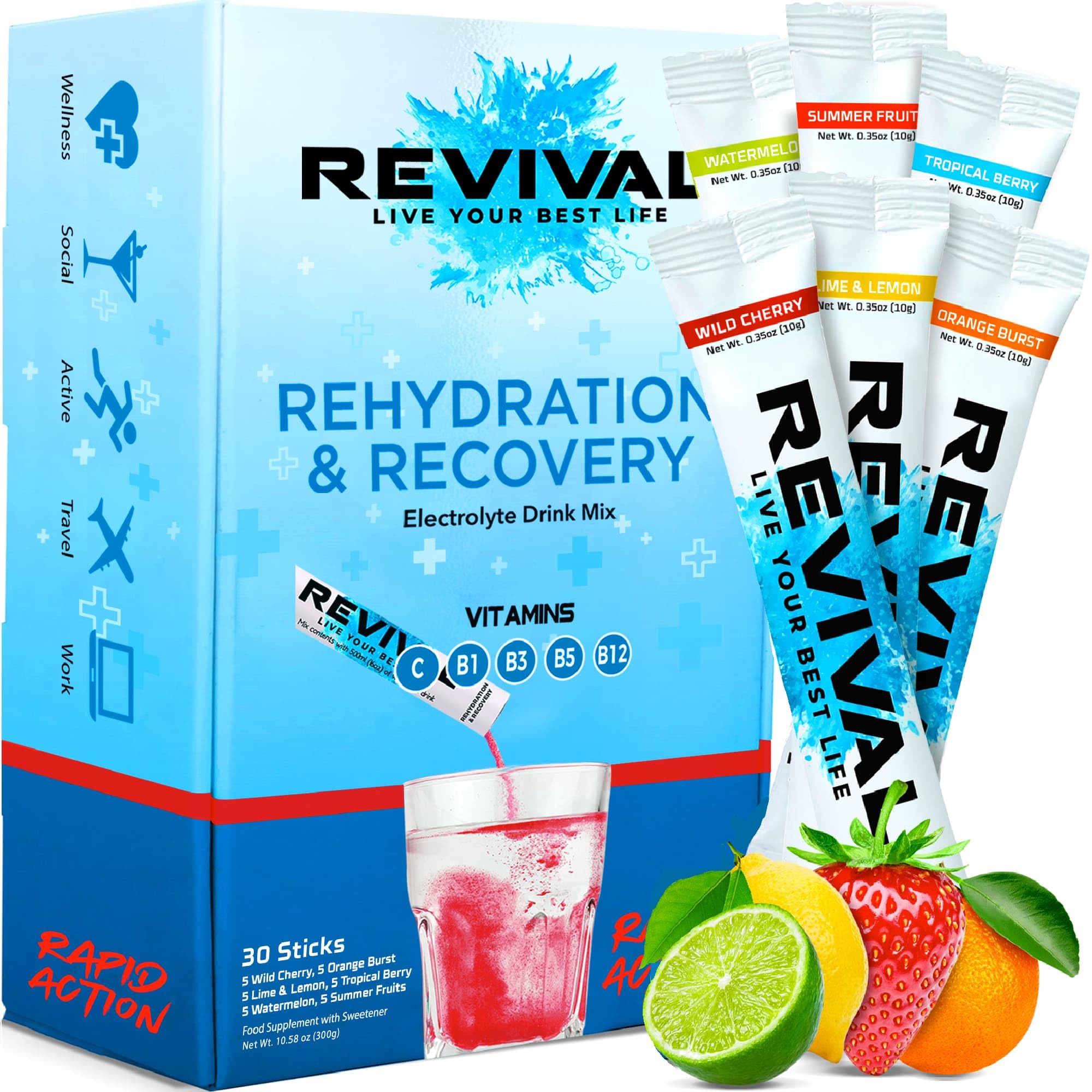 Revival Rapid Rehydration Electrolytes Powder - High Strength Vitamin C, B1, B3, B5, B12 Supplement Sachet Drink, Effervescent Electrolyte Hydration Tablets - 30 Pack Assorted Flavours