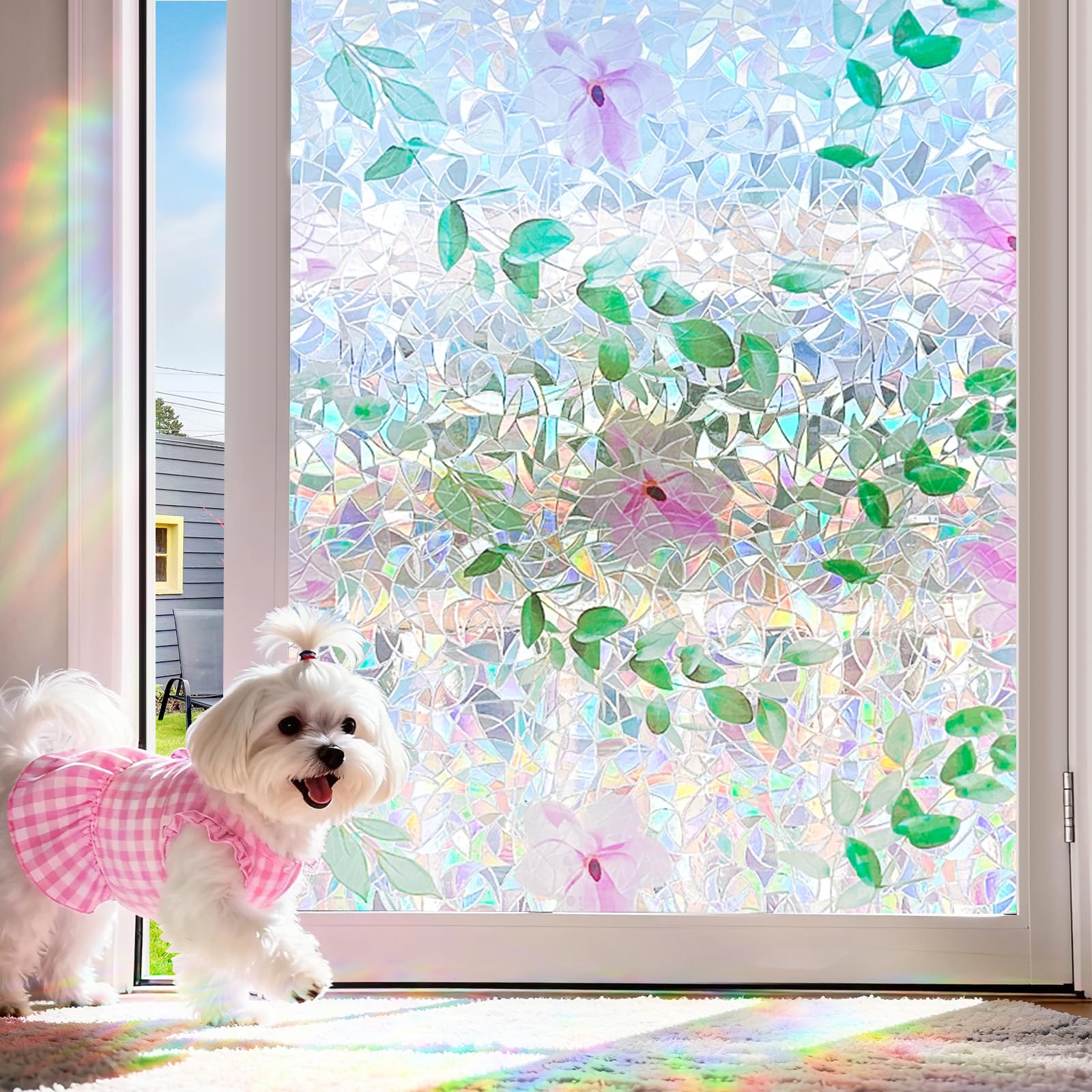 Photo 1 of Coavas Window Privacy Film, Stained Glass Window Film Decorative, Rainbow Static Cling Windows Coverings Film, Floral Non-Adhesive Sun Blocking Decals for Home Bathroom Door, Pink, 29.5" x 78.7"