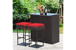 Toolsempire 3 Pieces Patio Bar Set Outdoor Bar Set, Wicker Bar Set with Tempered Glass Table-Top & Two Stools, Outdoor Furniture Bistro Set for Porch, Poolside, Backyard, (Red)