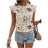 SOLY HUX Women's Lace Trim Floral Blouse Crew Neck Cap Sleeve Boho Shirts Summer Tunic Tops