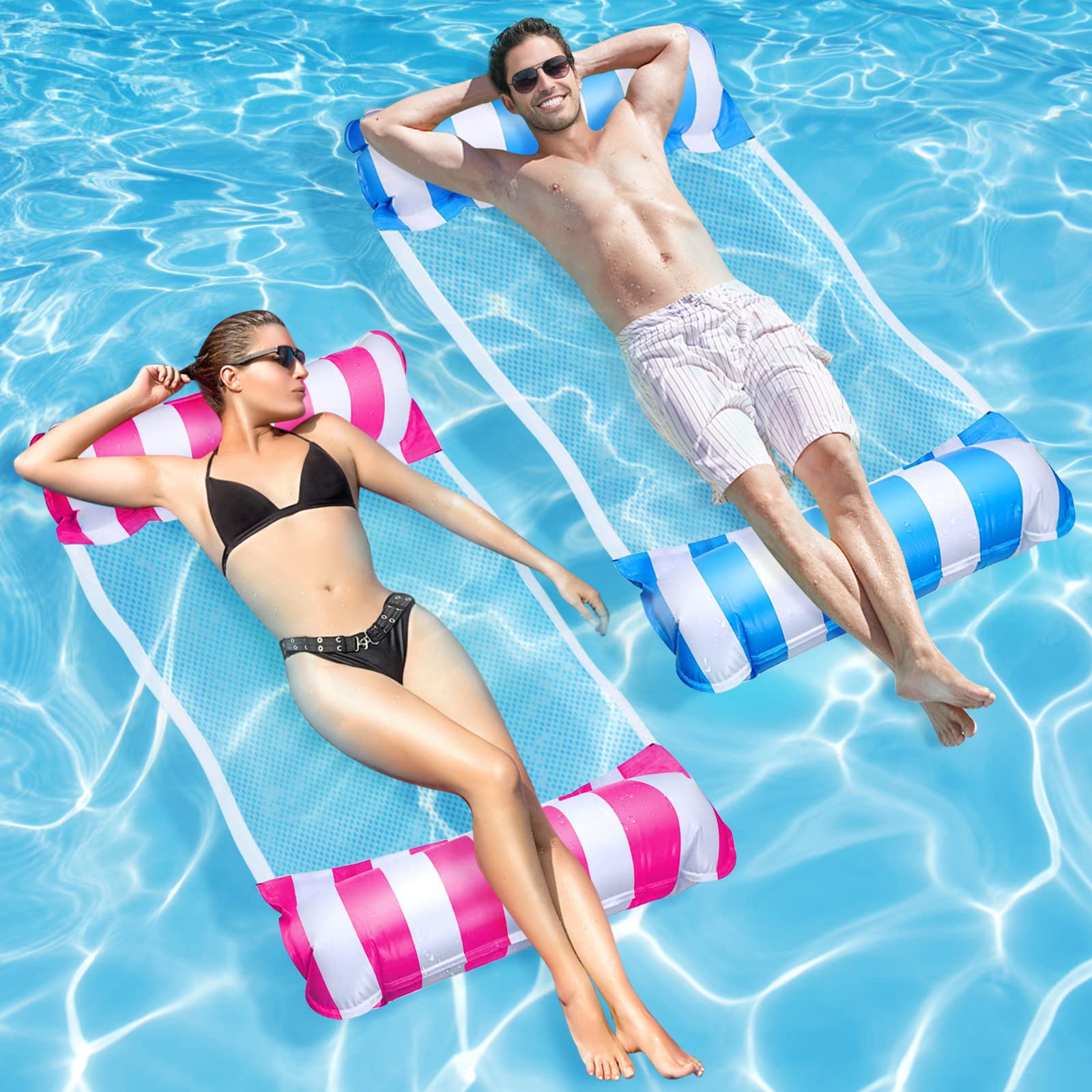 2 Pack Inflatable Pool Floats Water Hammock, 4-in-1 Pool Inflatable Floating Bed, Swimming Pool Float Hammock, Lounge Chair Beach Lounge Air Mattress Pool Party Toys Games for Adult