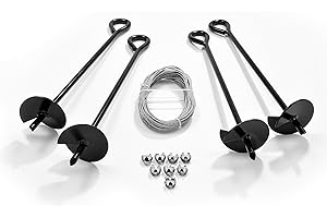 ASHMANONLINE Ashman Ground Anchor with 50 Feet of Galvanized Wire with Clamps – Ideal for Securing Animals, Tents, Canopies, Sheds, Car Ports, Swing Sets; Powder-Coated Solid Steel Auger – Pack of 4