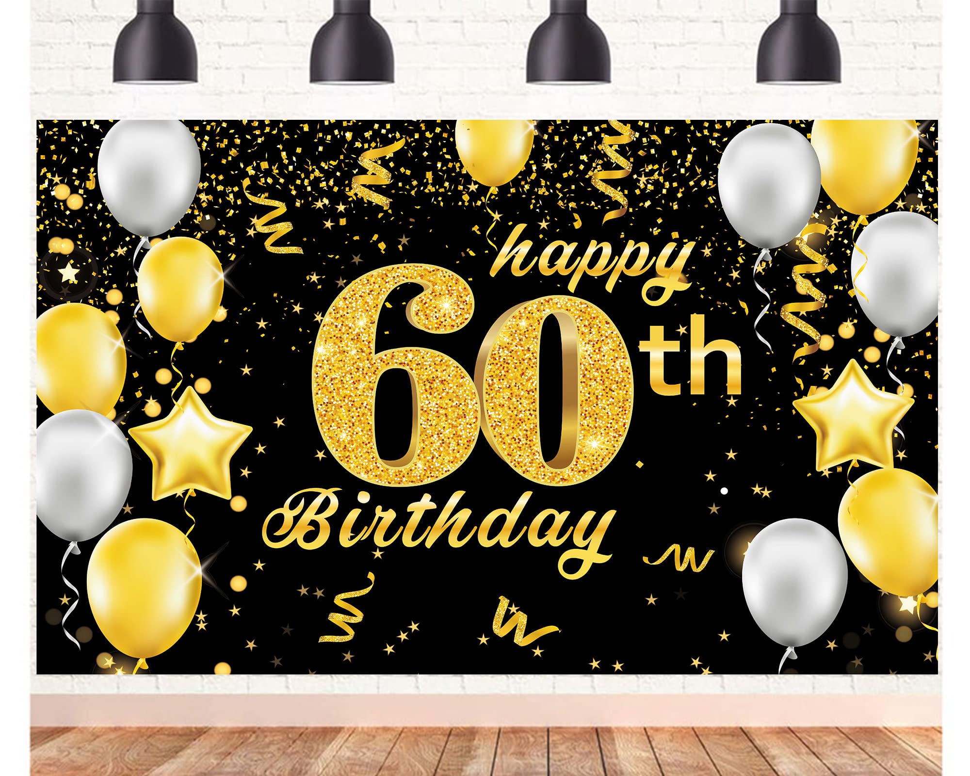 Happy 60th Birthday Banner,60th Birthday Decorations Black Gold,Party Backdrop Banner Fabric Banner.for Men Women 60thBirthday Photo Backdrop,Photography Background,Outdoor Garden Table Wall Decor