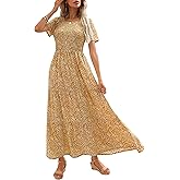 Maggeer Womens 2026 Summer Spring Smocked Wedding Guest Maxi Dress Casual Short Sleeve Floral Boho Flowy Long Dress