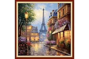 Disxvivy Cross Stitch Stamped Full Embroidery Kits DIY 11CT Cotton Thread Printed DIY Needlepoint Kits Craft Needlework Set Cross-Stitch Stamped Sets-Flower Street Tower 18x18 inch