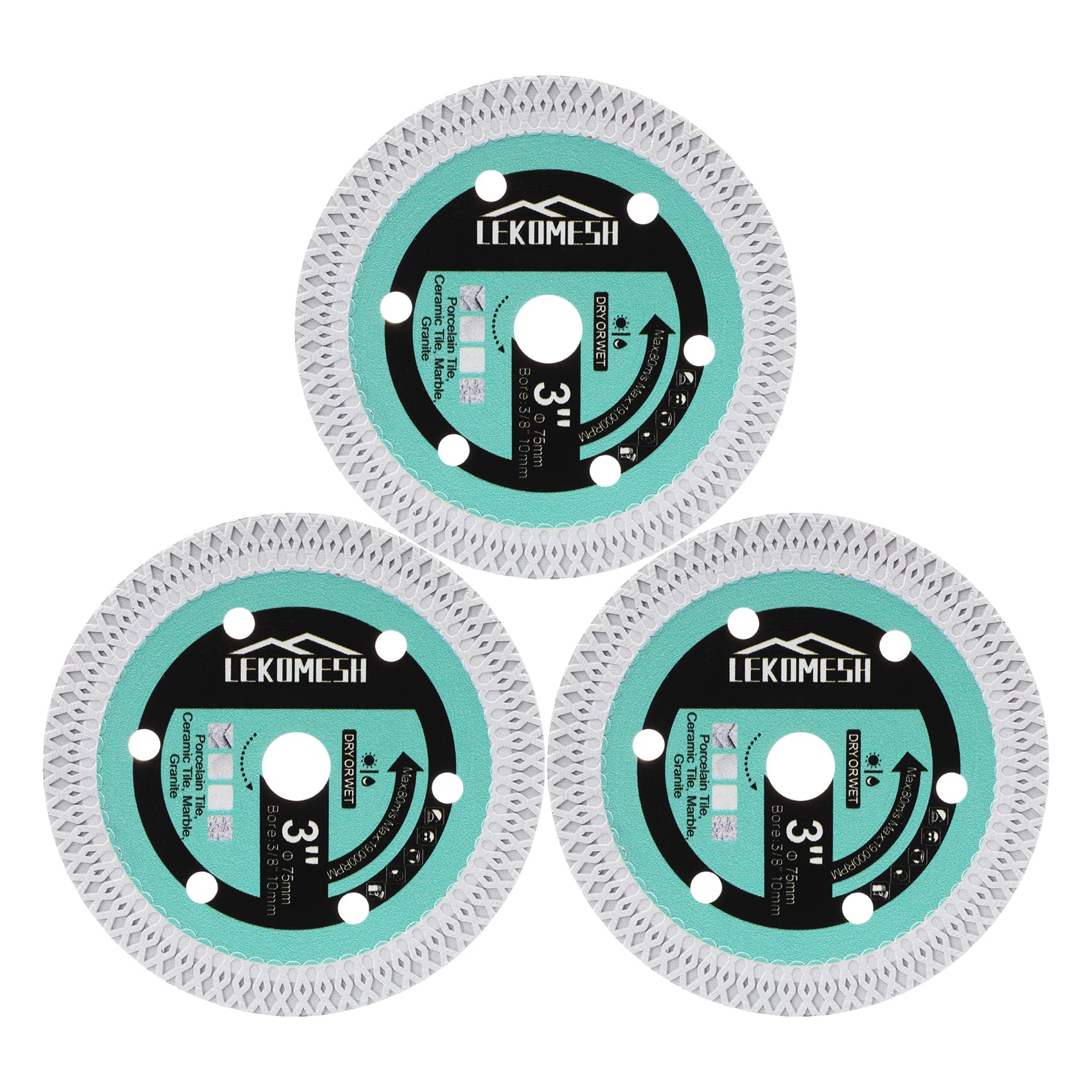 75mm/3" Diamond Cutting Disc LEKOMESH - 3pcs 3/8" (10 mm) Arbor Cutting Disc with for X Mesh Cutting Granite,Marble,Concrete,Masonry,Quartz,Artificial Stone