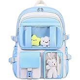 HORHEAR Kawaii Backpack for School Girls Cute Bag with Kawaii Stuff Bear Pendant Backpack Aesthetic for Kids (Light Blue)