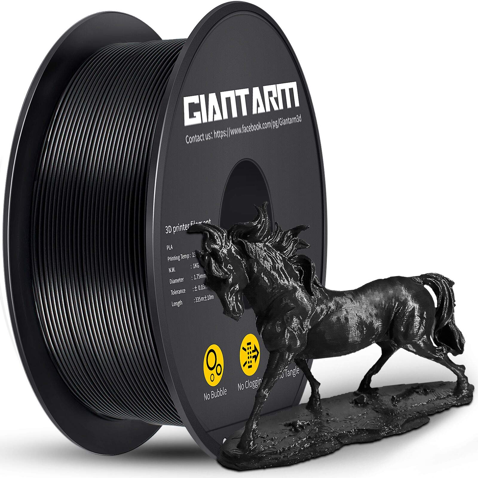 PLA Filament 1.75mm, GIANTARM Classic PLA 3D Printer Filament 1kg Spool Black