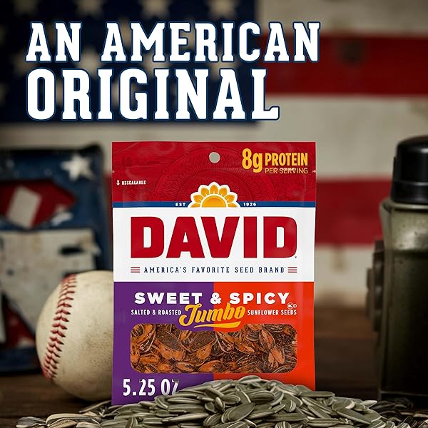 DAVID JUMBO SUNFLOWER SEEDS, SWEET AND SPICY FLAVOR, EASTER BASKET STUFFER FOR BASEBALL PLAYERS, 5.25 OZ.